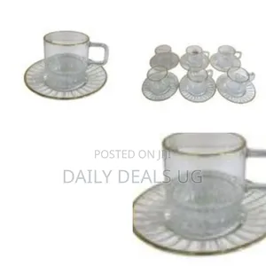 Set of Clear Glass Teacups and Saucers With a Golden Rim Accent