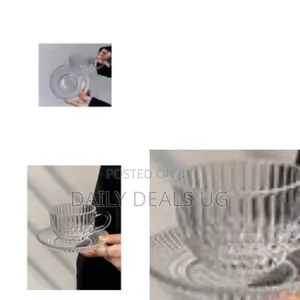 3-Piece Set of Clear Ribbed Glass Tea Cups and Saucers