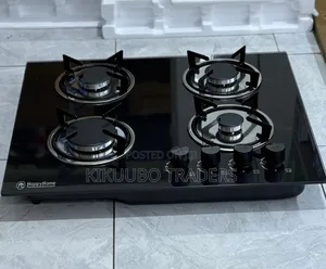 4-Burner Happyhome Gas Stove Featuring a Black Tempered Glass Surface