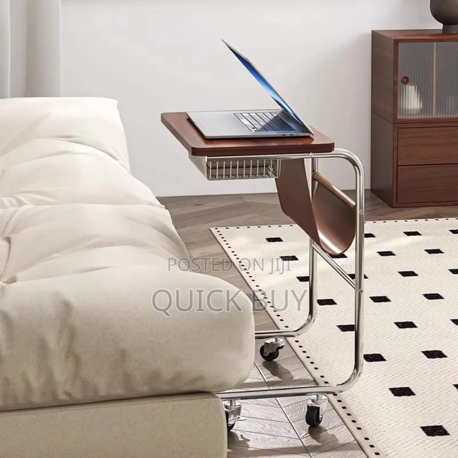 C-Shaped Rolling Side Table With a Pu Leather Storage Pocket