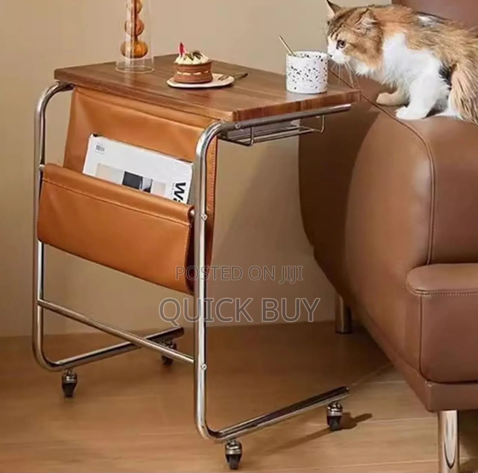 C-Shaped Rolling Side Table With a Pu Leather Storage Pocket