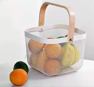 Mesh Steel Storage Organizer Basket With a Wooden or Bamboo Handle