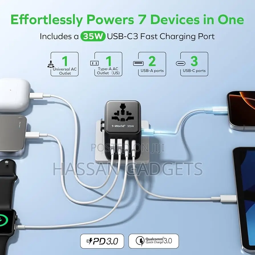 7-in-1 Universal Travel Adapter, 3 Usb-C Pd 2 Travel Plug Adapter,