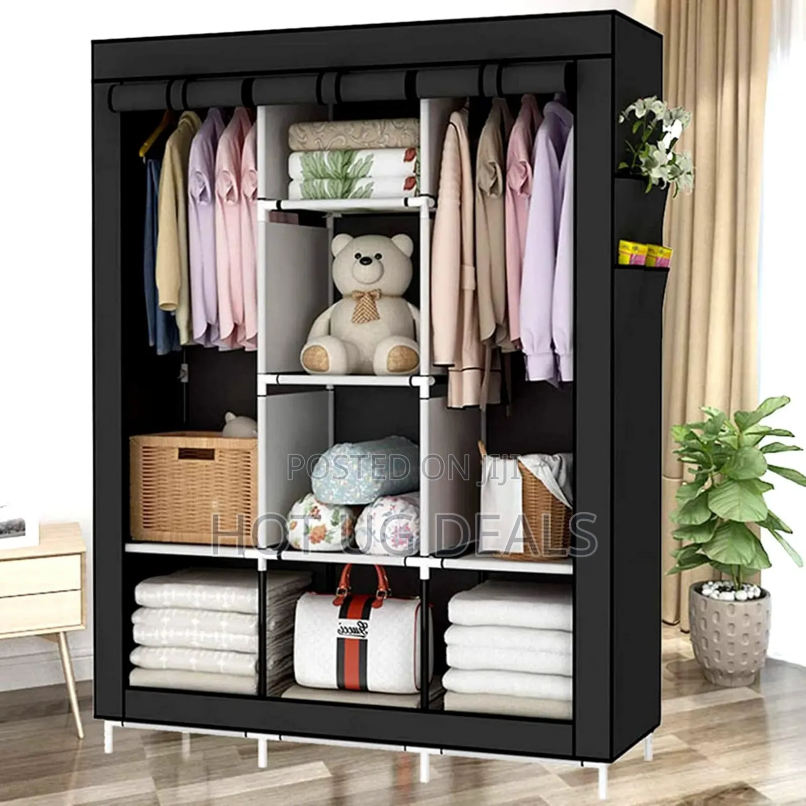 3 Column Metallic Cloth Wardrobe (Not Assembled) - Black