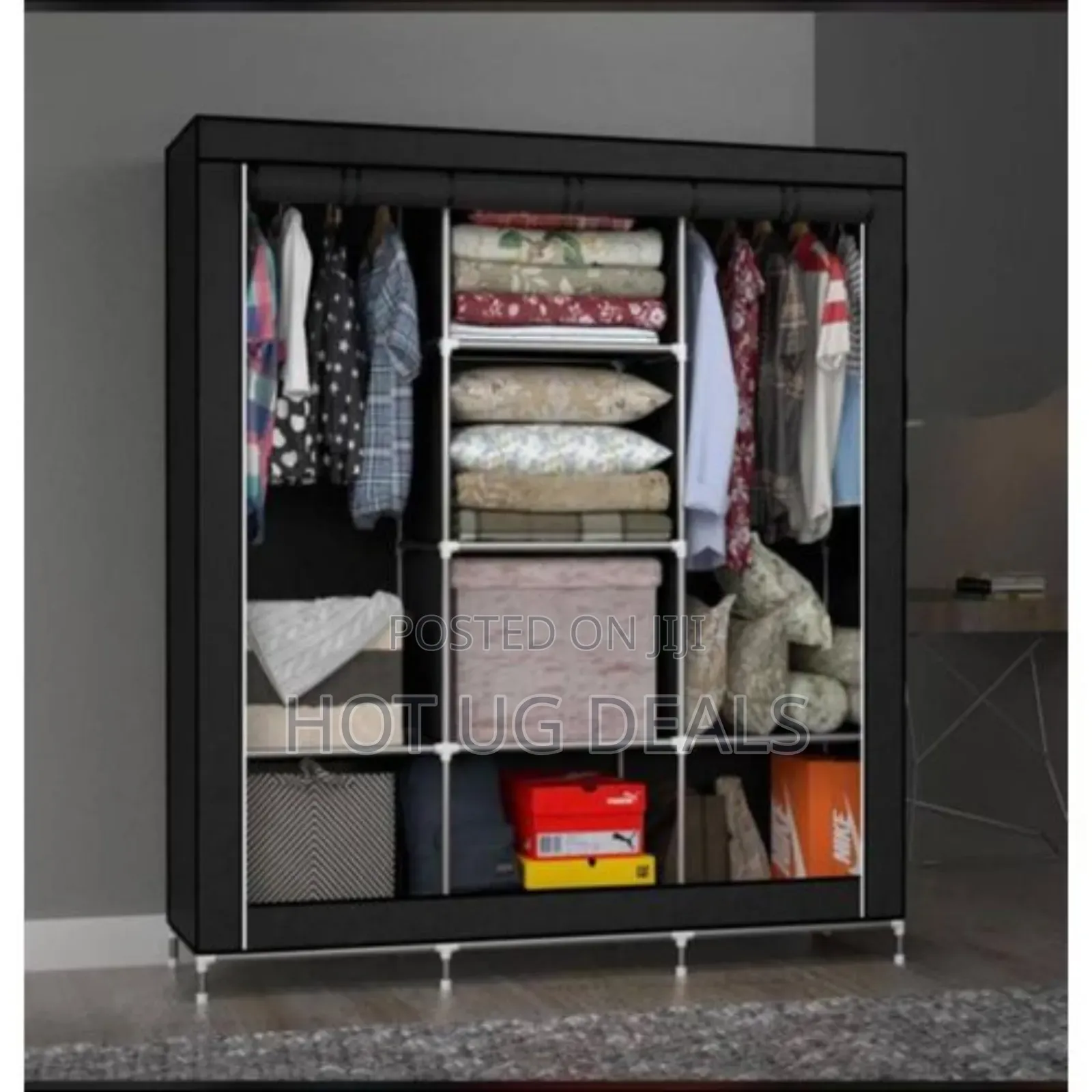 3 Column Metallic Cloth Wardrobe (Not Assembled) - Black