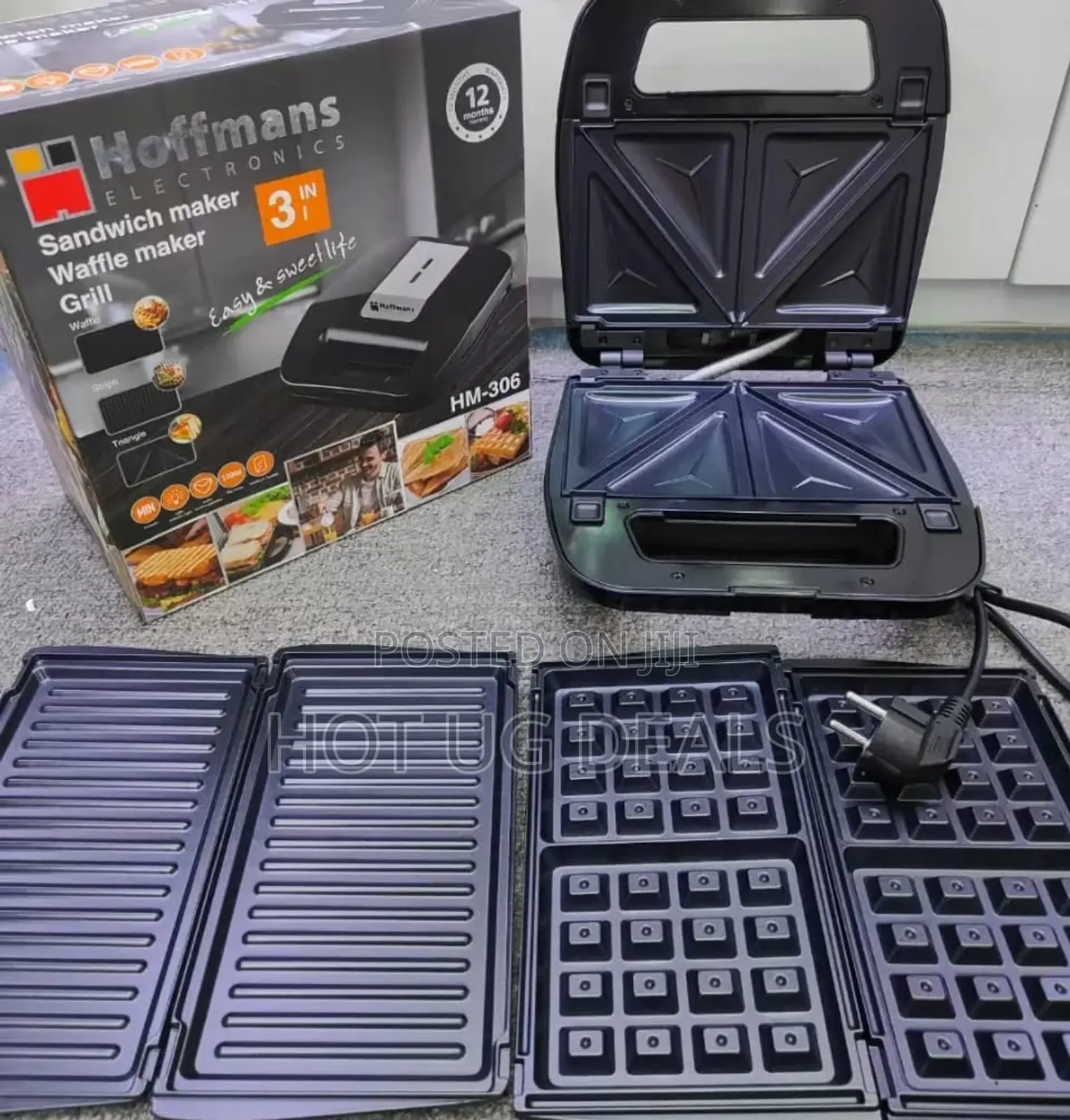 Hoffmans 3 In 1 Waffle Maker Sandwich Barbecue Grill- Black.