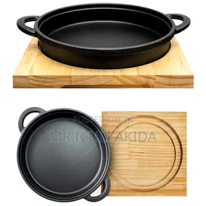 Cast Iron Steak Sizzler Backing Pot Skillet Grill Wood Serving Board