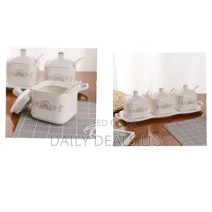 Elegant Ceramic Condiment Jar Set With Serving Tray - Multicolor