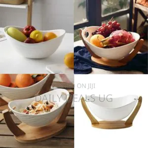 Modern Textured Ceramic Fruit Bowl With Wooden Stand - Multicolor