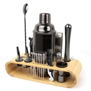 Black Stainless Steel Bartender Kit With a Bamboo Wood Stand