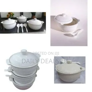 3 Piece Set of Ceramic Serving Dishes With Spoons - White