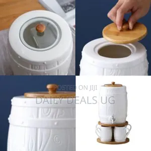 Ceramic Barrel Beverage Dispenser Set With Wooden Stand - Multicolor