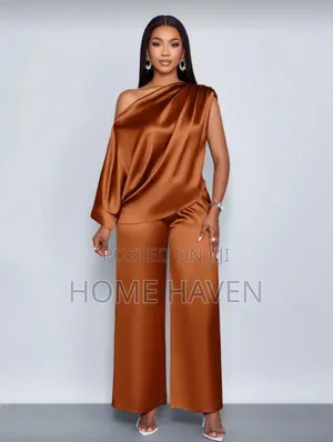 Asymmetric Pleated Neckline Paired With Elegant Trouser