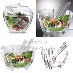 Elegant Clear Salad Bowl With Serving Utensils - Clear