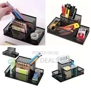 4-Tier Black Mesh Metal Desk Organizer - Multi-Compartment Pen Holder