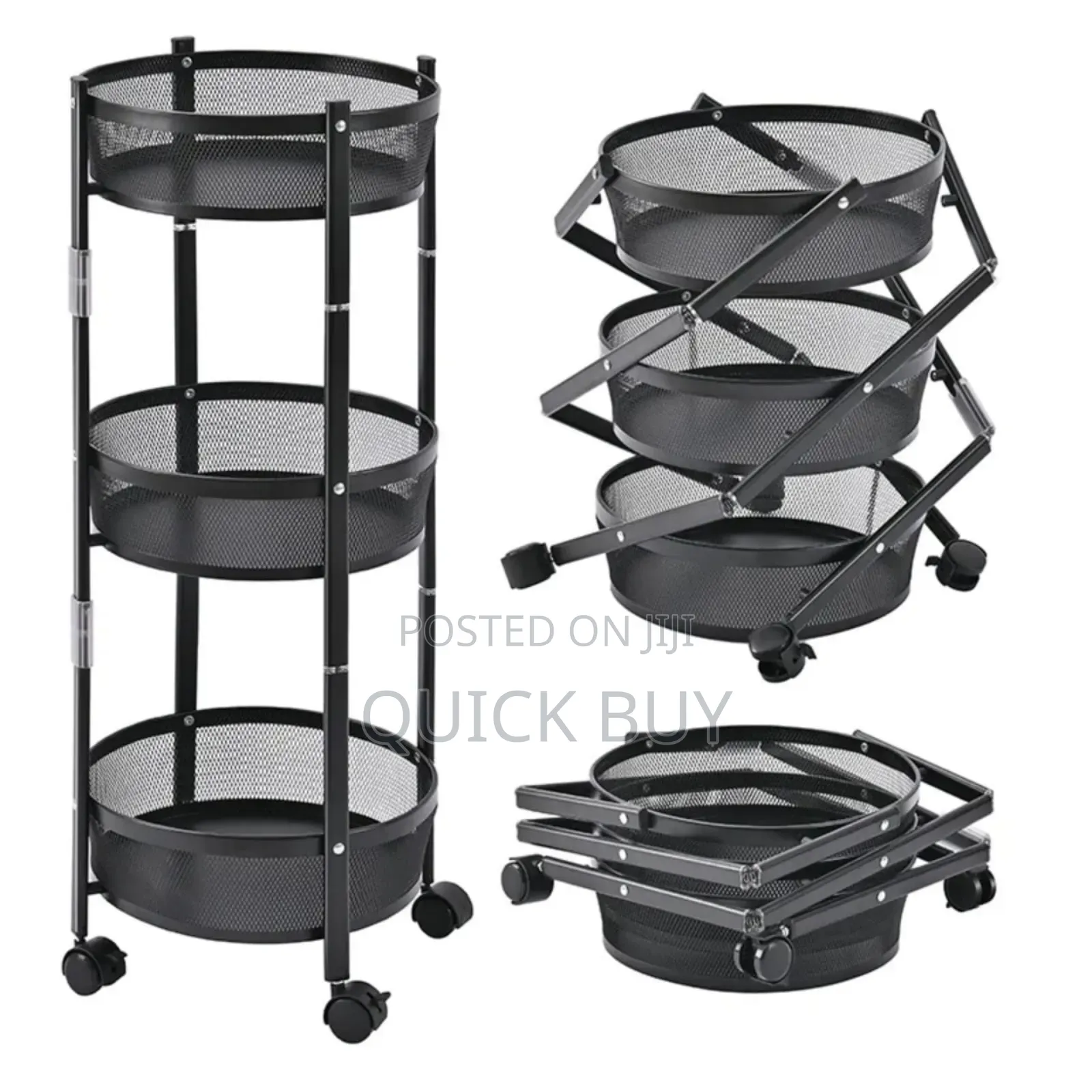 3-Tier Round Foldable Rolling Utility Storage Cart.