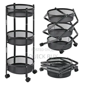 3-Tier Round Foldable Rolling Utility Storage Cart.