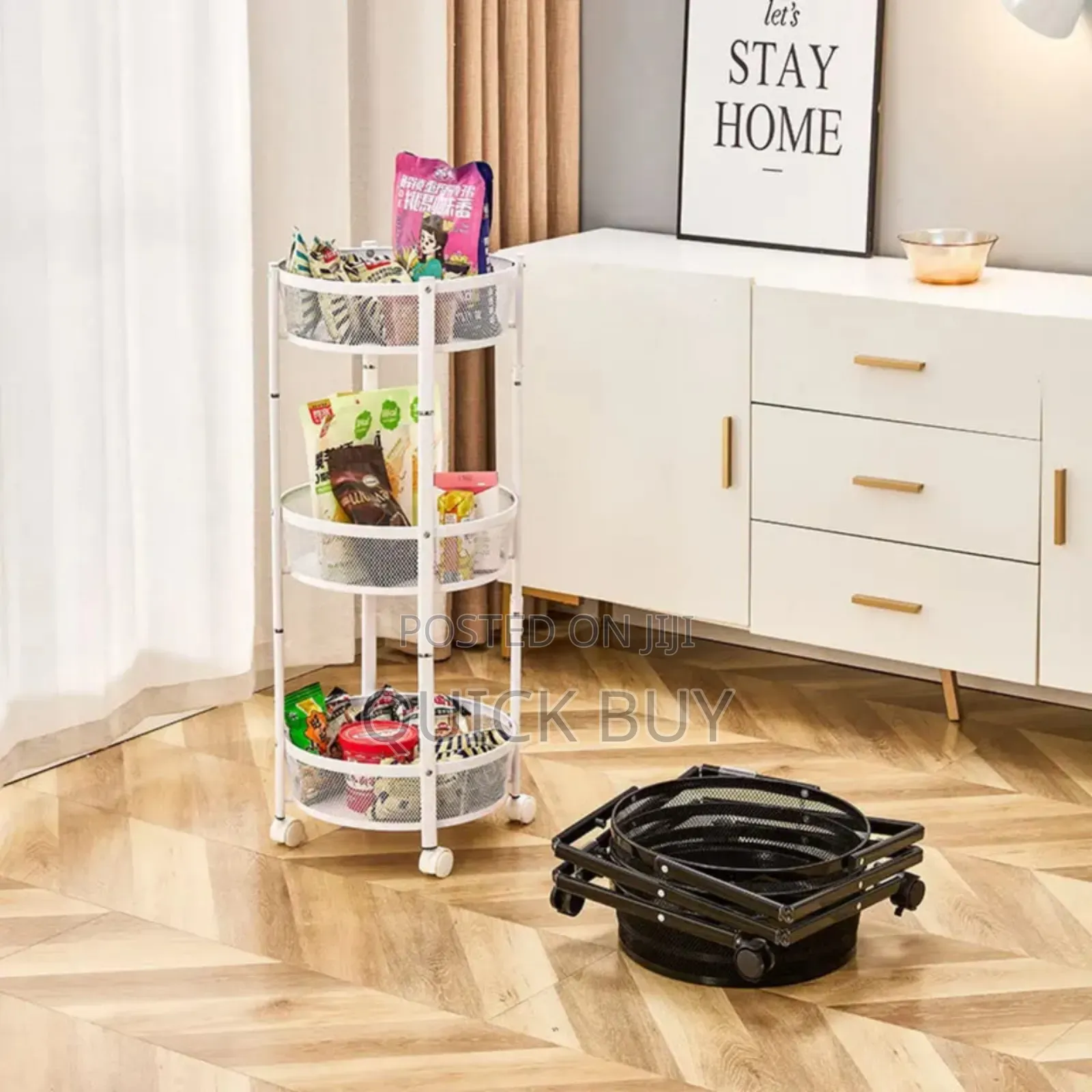 3-Tier Round Foldable Rolling Utility Storage Cart.