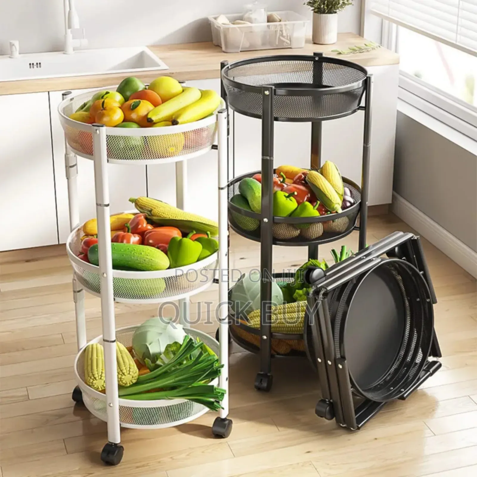 3-Tier Round Foldable Rolling Utility Storage Cart.