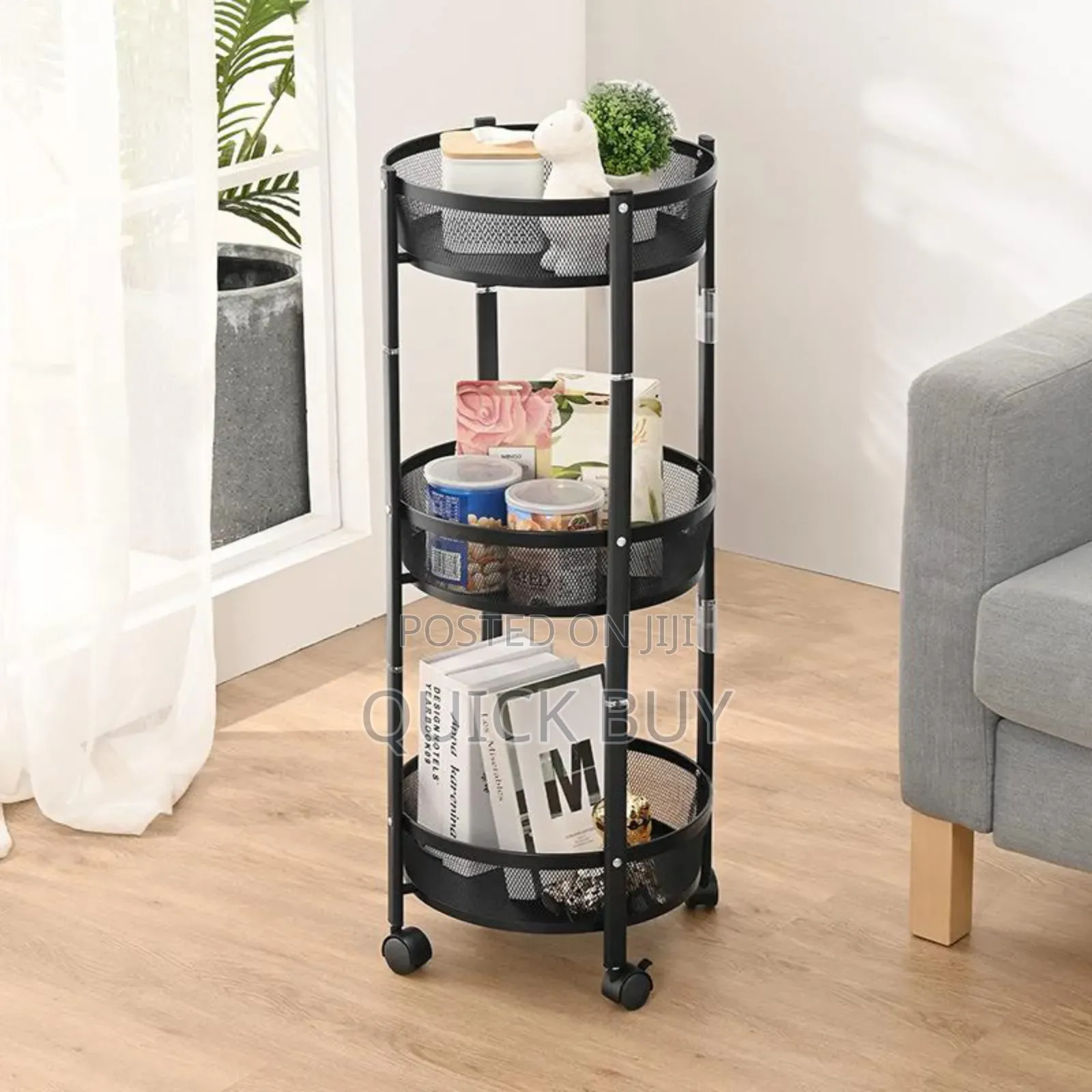 3-Tier Round Foldable Rolling Utility Storage Cart.