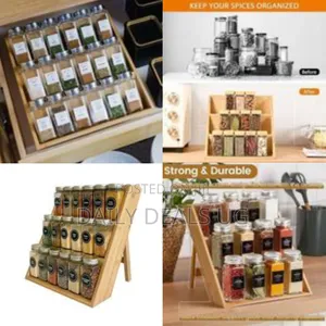 Multi-Tiered Wooden Spice Rack Organizer With Glass Jars - Multicolor