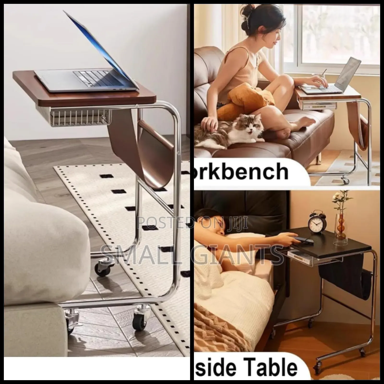 C-shaped Rolling Side Table With A Pu Leather Storage Pocket