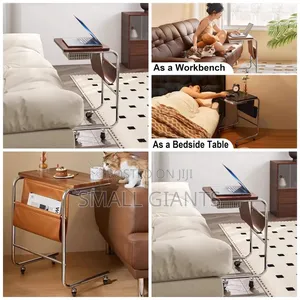 C-shaped Rolling Side Table With A Pu Leather Storage Pocket