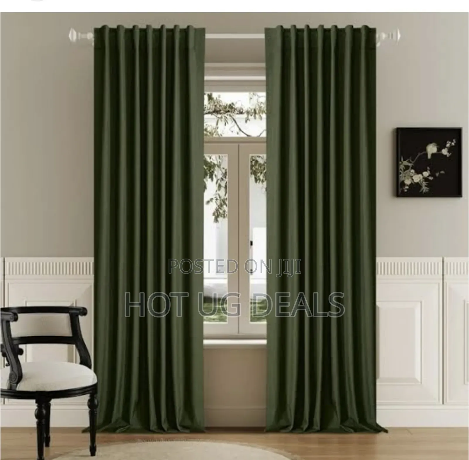 2 Curtain Pieces 2m By 1.5 Meters & 1 White Plain Net 3m - Dark Green