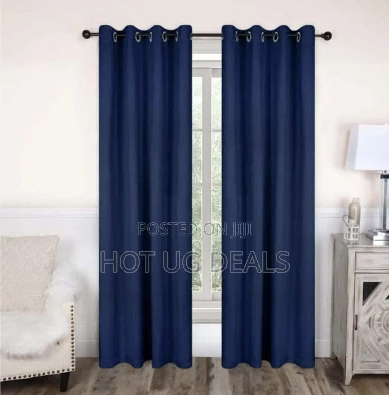 2 Curtain Pieces 2m By 1.5 Meters & 1 White Plain Net 3m - Navy Blue