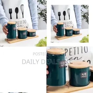Green Ceramic Spice Canister Set With Bamboo Lids