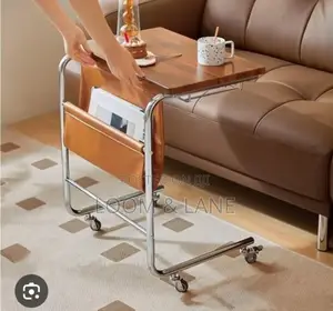 C-Shaped Rolling Side Table With a Pu Leather Storage Pocket