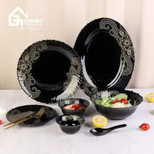 32-Piece Arabic Style Black Opal Glass Dinner Set With Decal