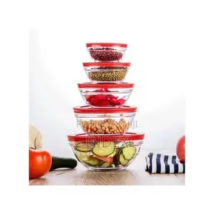 5 PCS Glass Bowl Set - Transparent, Lids Color May Vary