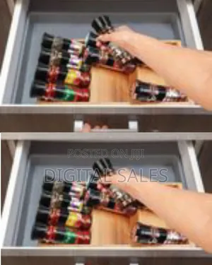 Tiered Bamboo Spice Drawer Organizer And Glass Jar Set
