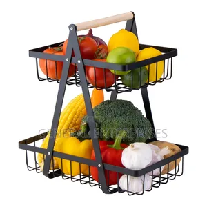 2-Tier Metal Fruit Basket Featuring a Wooden Handle