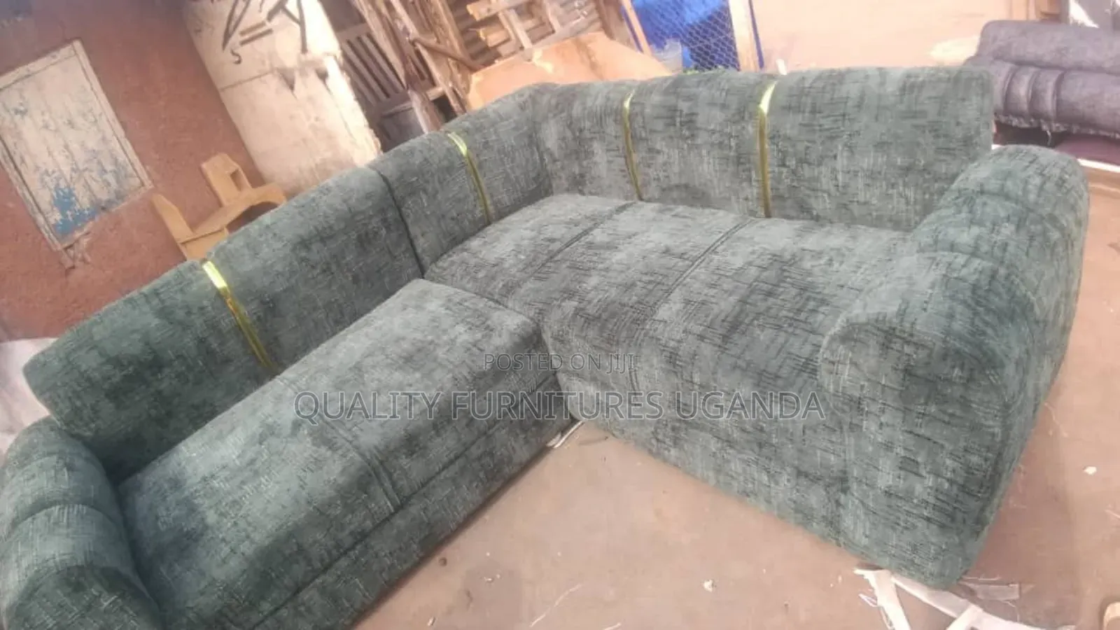 Stylish Green Golden Strips Fabric Sofa Set