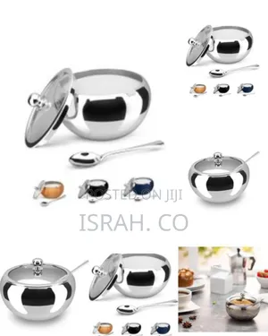 Stainless Steel Sugar Bowl With Lid and Spoon Serving Dish