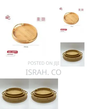 3 Piece Portable Round Fruit Bamboo Serving Tray With Metal Handles