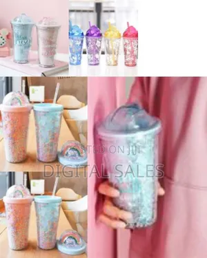 2-Layer Ice Cream Smoothie Juice Bottle Cup Kettle With Straw-Multi