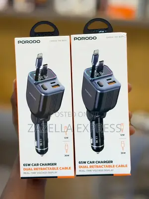 Porodo 65w 4in1 Car Charger With Retractable Type-C Lightning Cables