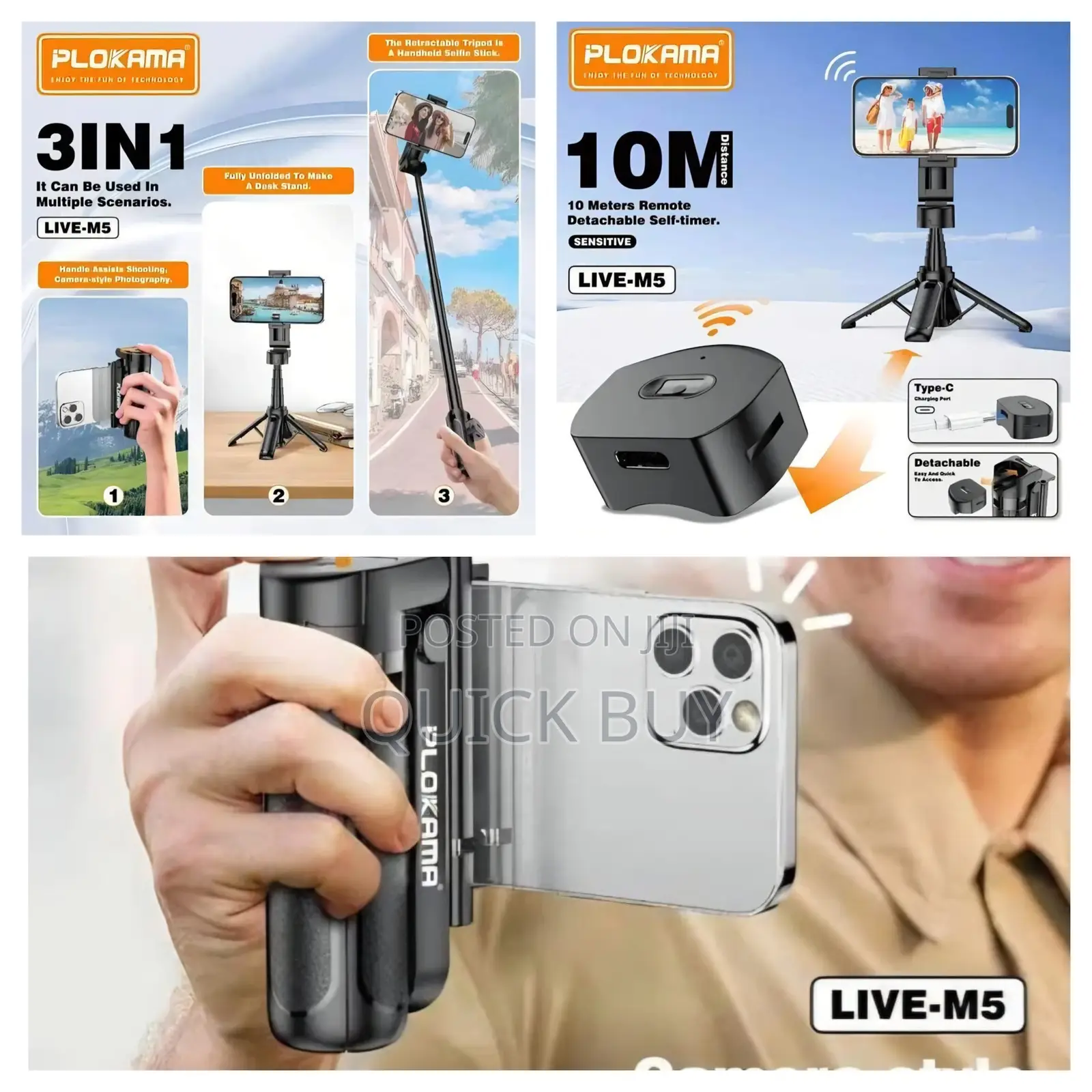 Plokama Live-M5 3-in-1 Handle Tripod Selfie Stick.