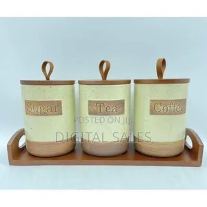 Rustic Kitchen Canister Set With Wooden Tray (Sugar, Tea, Coffee)