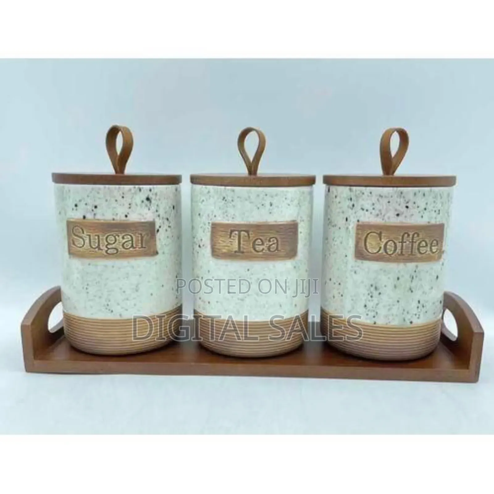 Rustic Kitchen Canister Set With Wooden Tray (Sugar, Tea, Coffee)