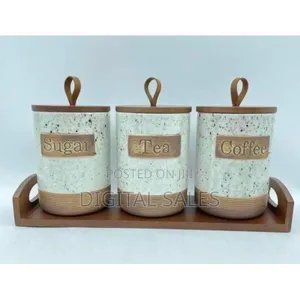 Rustic Kitchen Canister Set With Wooden Tray (Sugar, Tea, Coffee)