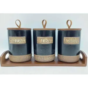 Rustic Kitchen Canister Set With Wooden Tray (Sugar, Tea, Coffee)