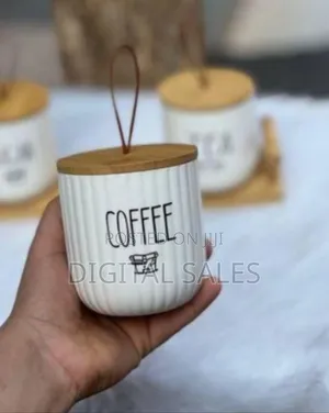 Ceramic Sugar, Coffee, and Tea Canister Set With Wooden Tray and Lids
