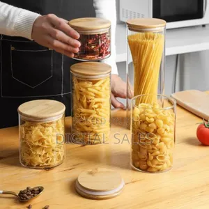 Premium Clear Glass Food Storage Canisters With Airtight Bamboo Lids.