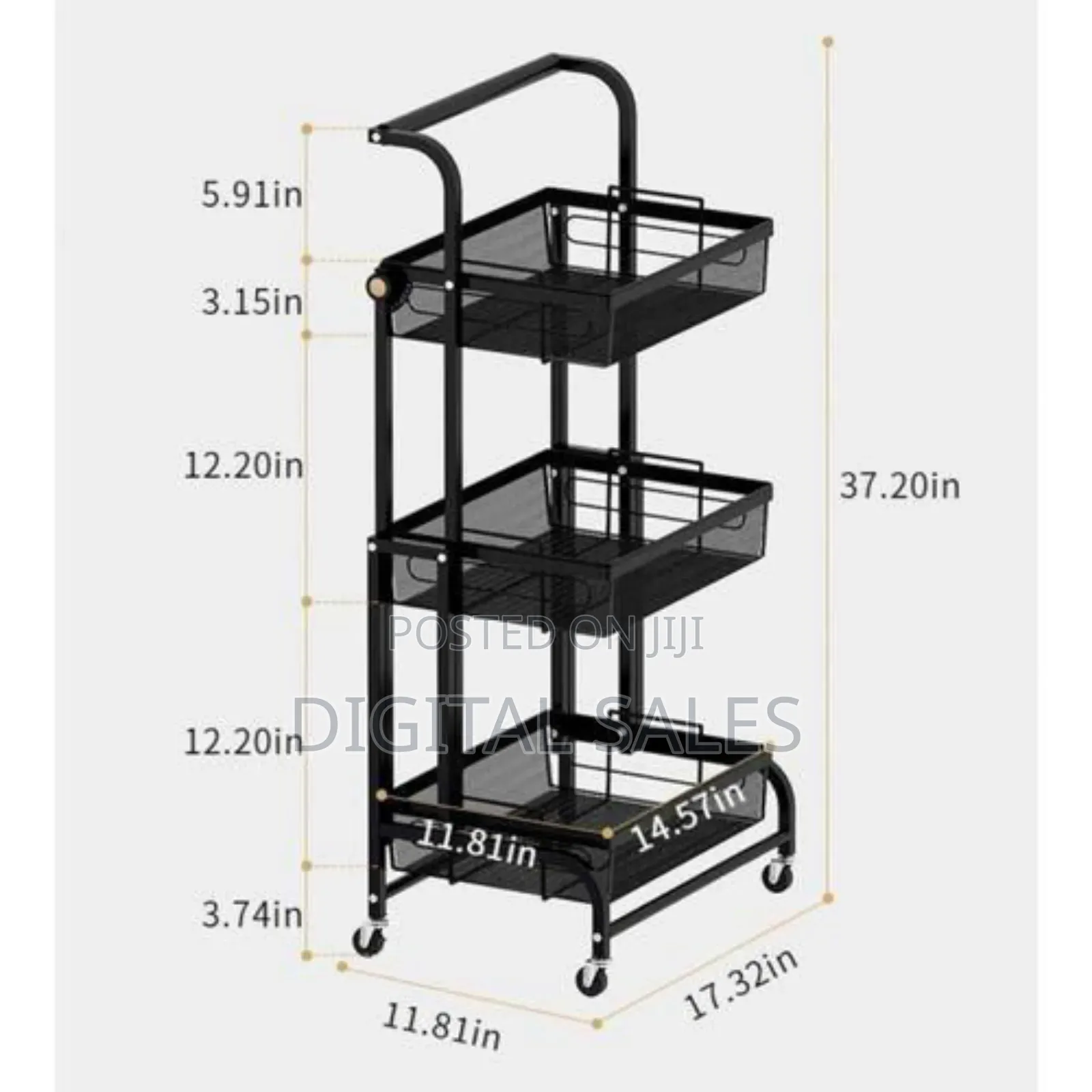 Foldable 3-tier Rolling Utility Cart With Mesh Baskets Convertible