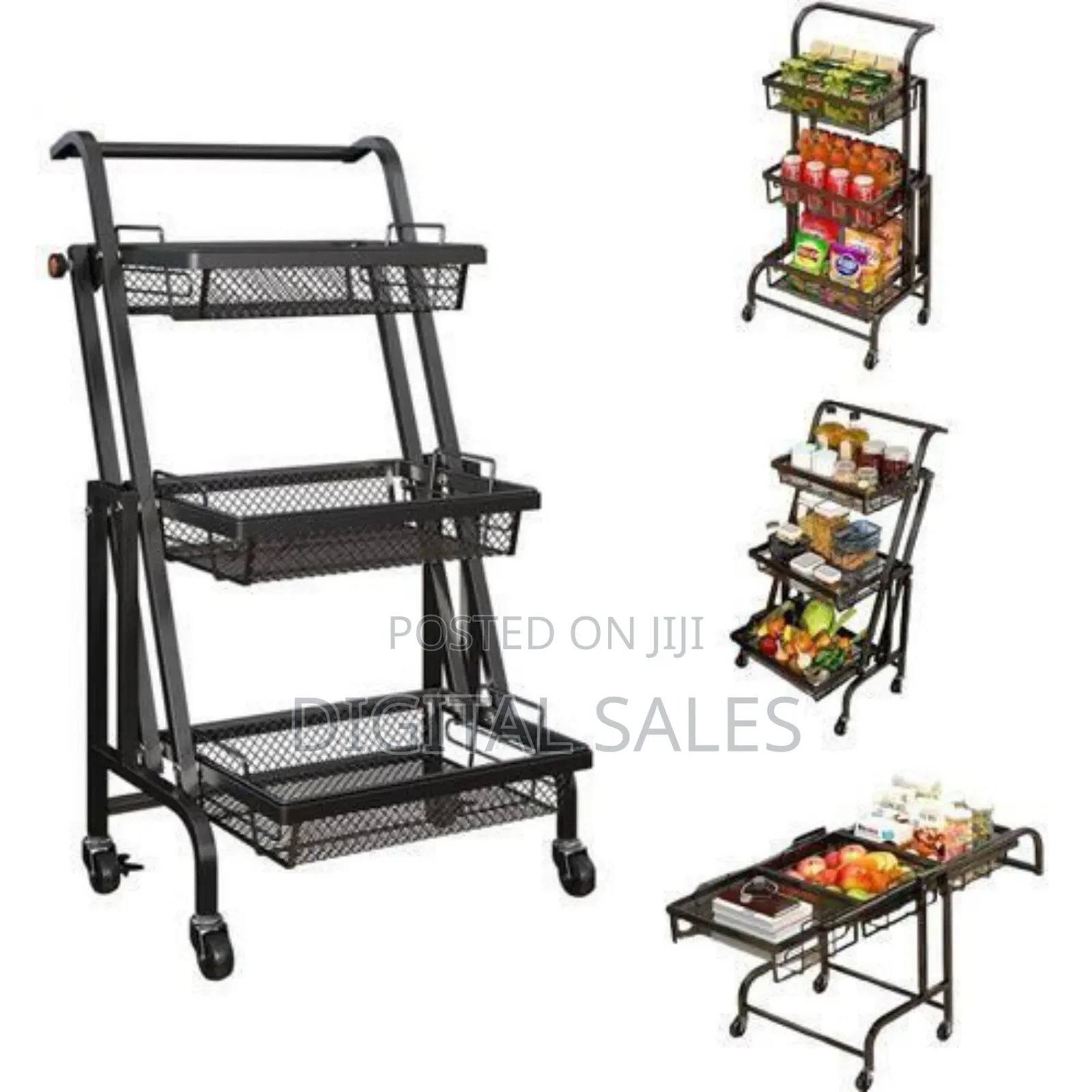 Foldable 3-tier Rolling Utility Cart With Mesh Baskets Convertible