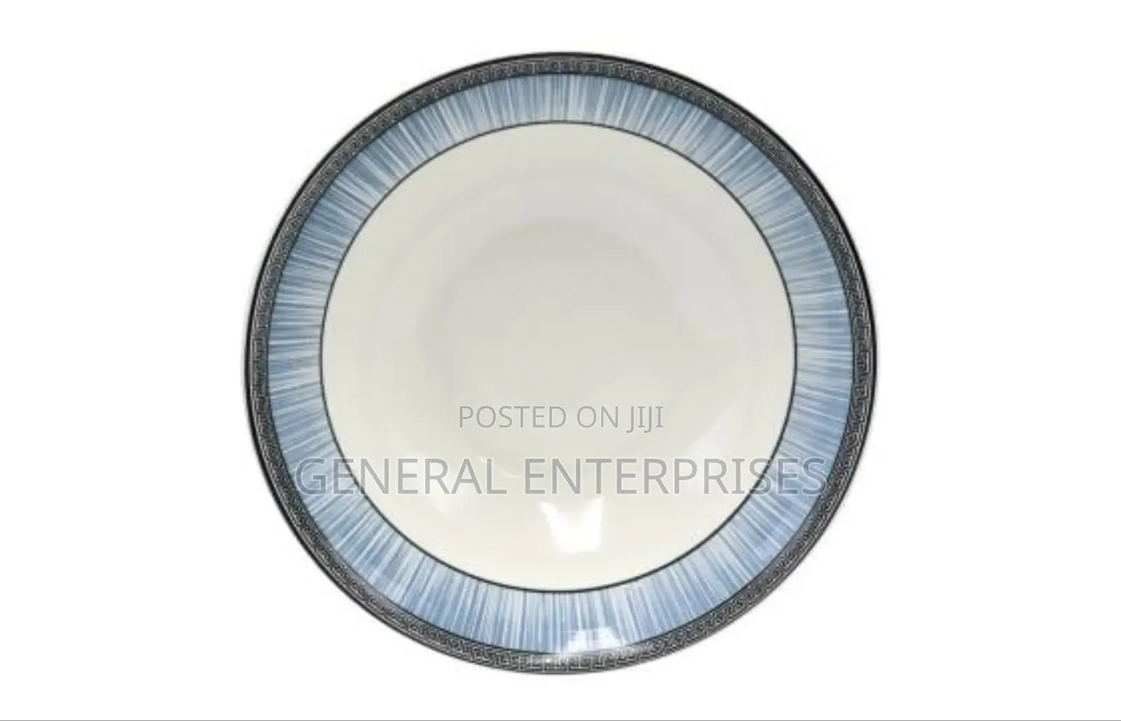 6pc Ceramic Dinner Plate or Shallow Bowl With a Blue Radiating Line